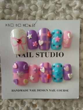 Handmade 2.0 Square Hearts & Stars Press-On Nail Set in Purple, Pink & Aqua 💅